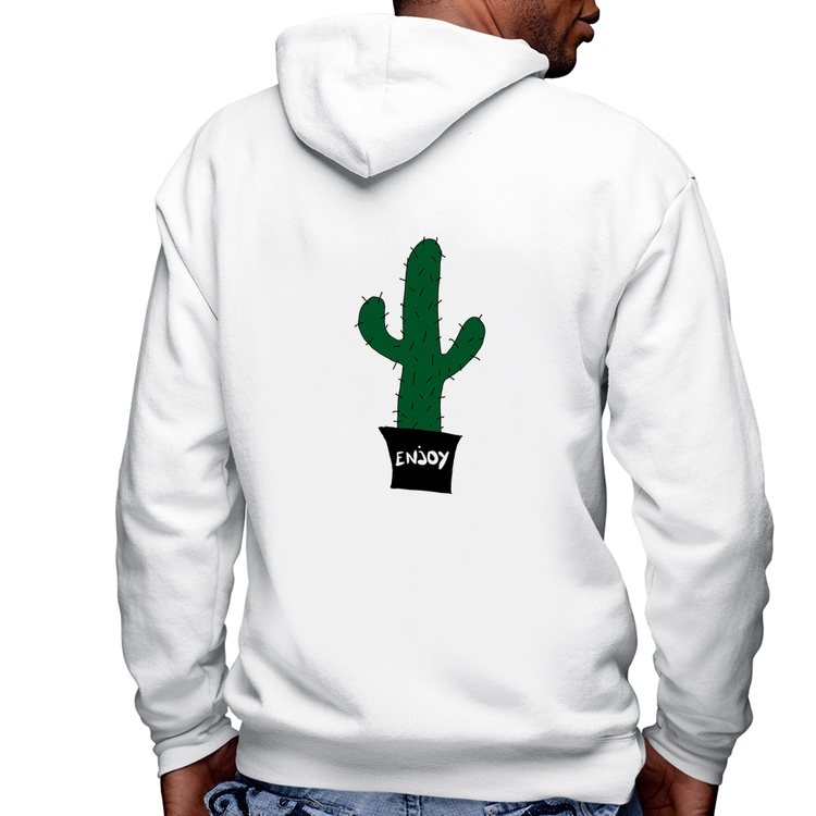 Blusa Moletom Enjoy Cactus Masculina com Capuz e Zíper - Branca