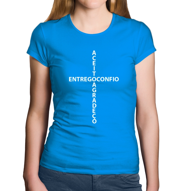 Baby Look Algodão Entrego, Confio, Aceito, Agradeço - Azul