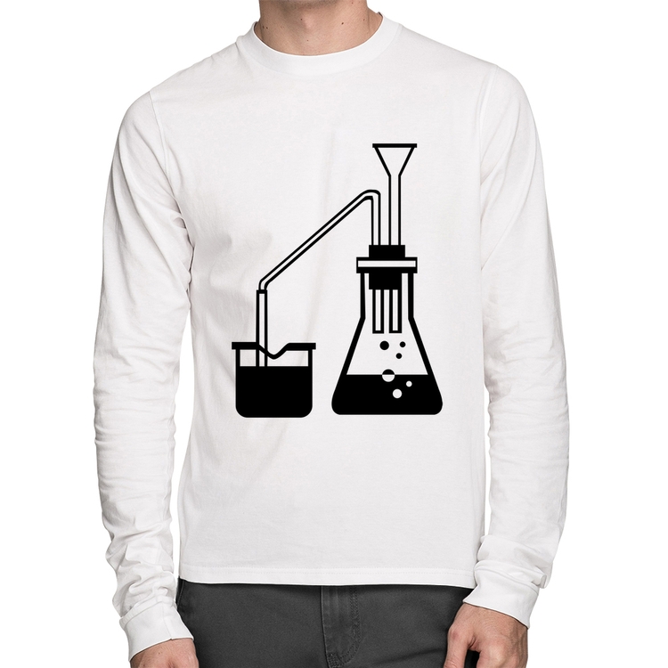Camiseta Algodão Química Erlenmeyer e Bequer Manga Longa - Branca