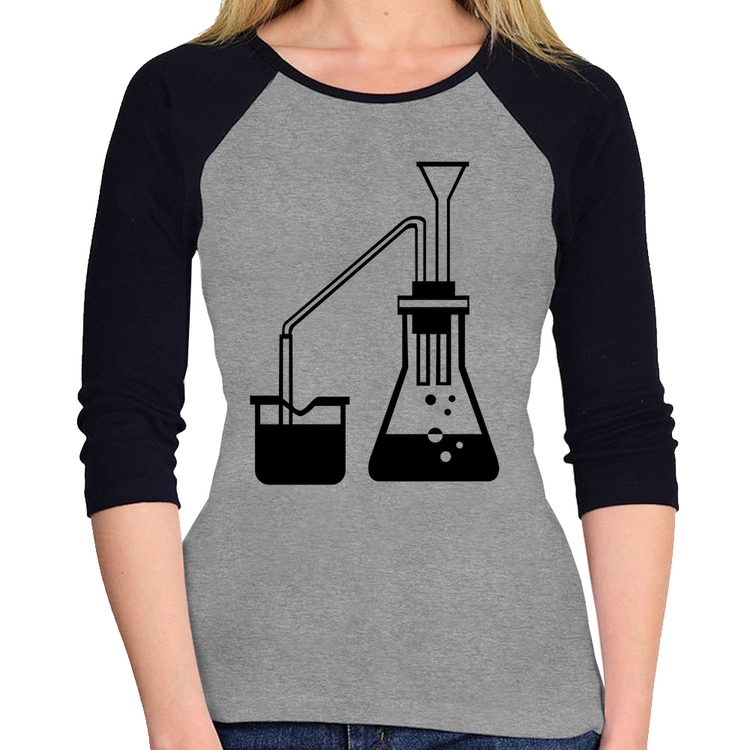Baby Look Raglan Química Erlenmeyer e Bequer Manga 3/4 - Cinza/Preto