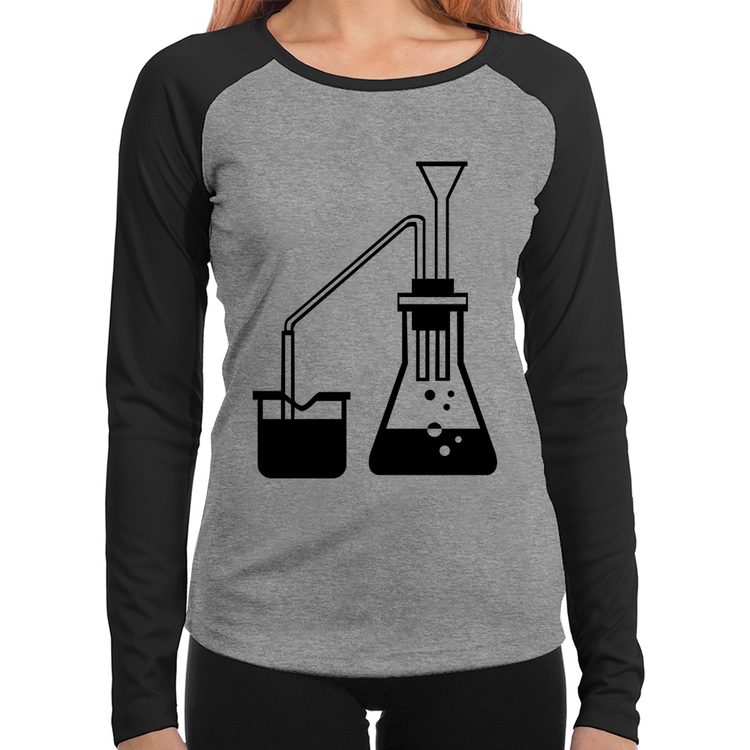 Baby Look Raglan Química Erlenmeyer e Bequer Manga Longa - Cinza/Preto