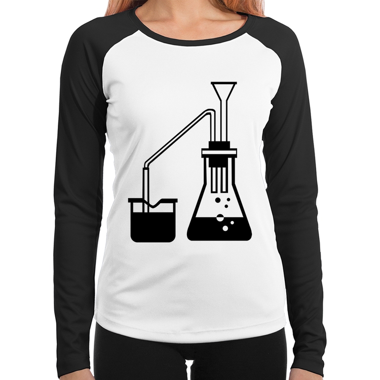 Baby Look Raglan Química Erlenmeyer e Bequer Manga Longa