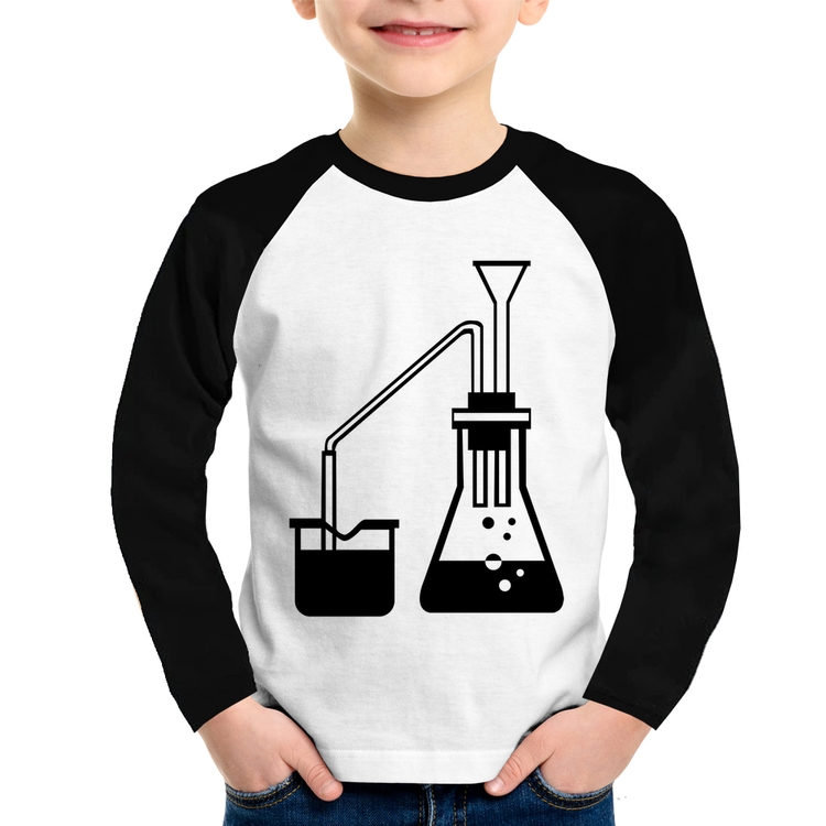 Camiseta Raglan Infantil Química Erlenmeyer e Bequer Manga Longa