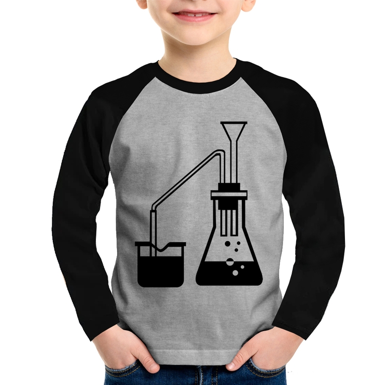 Camiseta Raglan Infantil Química Erlenmeyer e Bequer Manga Longa - Cinza/Preto