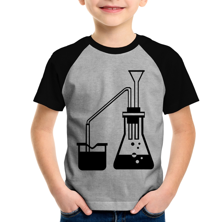 Camiseta Raglan Infantil Química Erlenmeyer e Bequer - Cinza/Preto