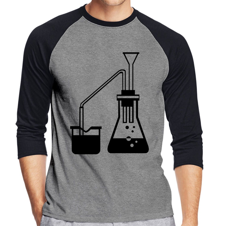 Camiseta Raglan Química Erlenmeyer e Bequer Manga 3/4 - Cinza/Preto
