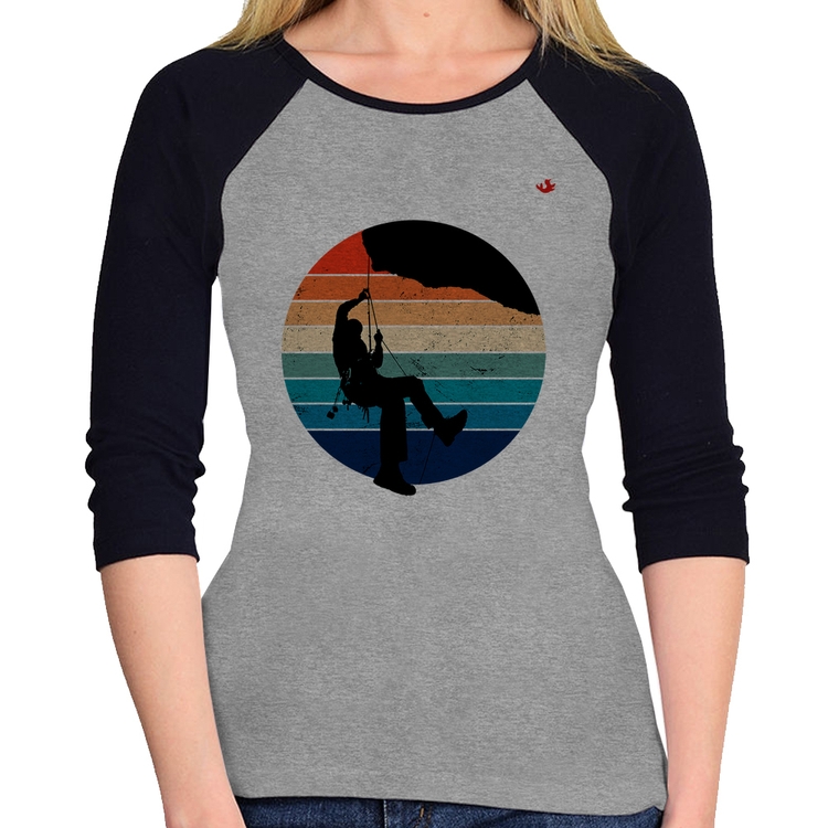 Baby Look Raglan Escalada Vintage Sunset Manga 3/4 - Cinza/Preto