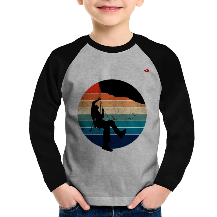 Camiseta Raglan Infantil Escalada Vintage Sunset Manga Longa - Cinza/Preto