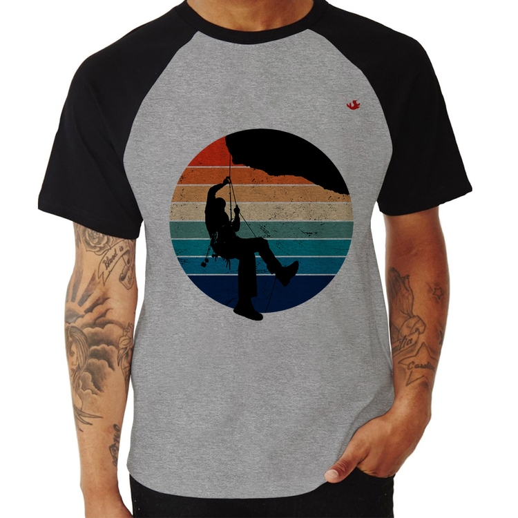 Camiseta Raglan Escalada Vintage Sunset - Cinza/Preto