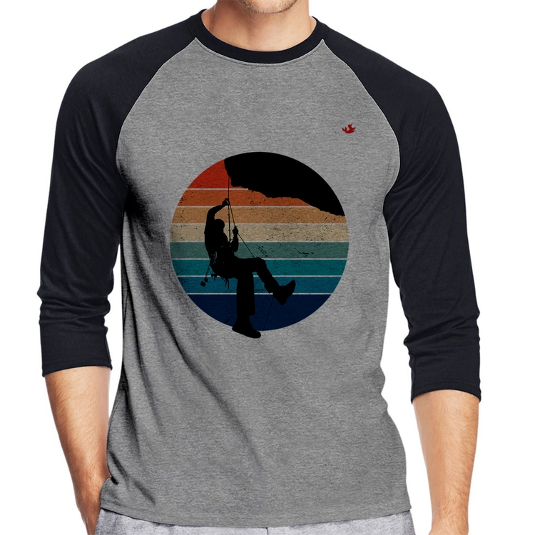 Camiseta Raglan Escalada Vintage Sunset Manga 3/4 - Cinza/Preto