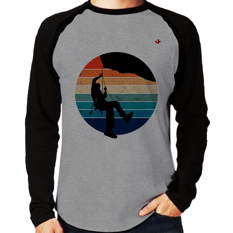 Camiseta Raglan Escalada Vintage Sunset Manga Longa - Cinza/Preto
