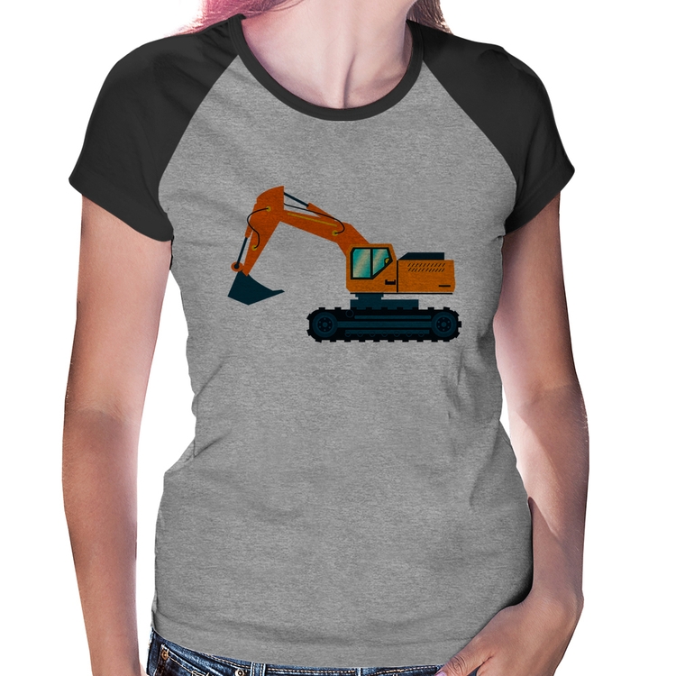 Baby Look Raglan Escavadeira - Cinza/Preto