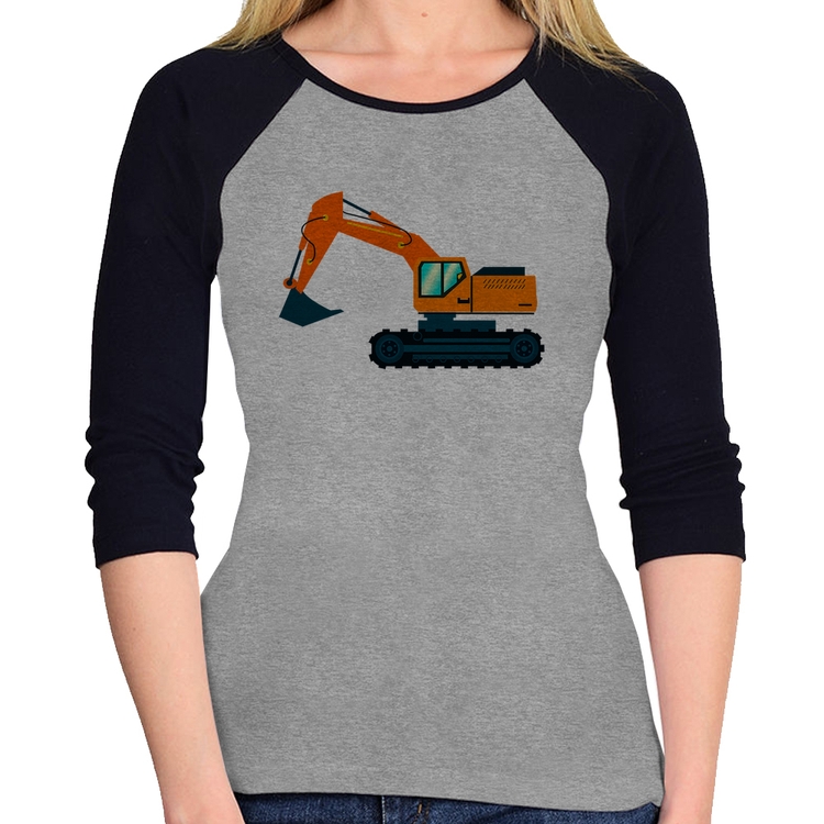 Baby Look Raglan Escavadeira Manga 3/4 - Cinza/Preto