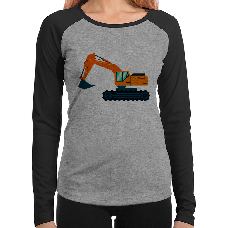 Baby Look Raglan Escavadeira Manga Longa - Cinza/Preto