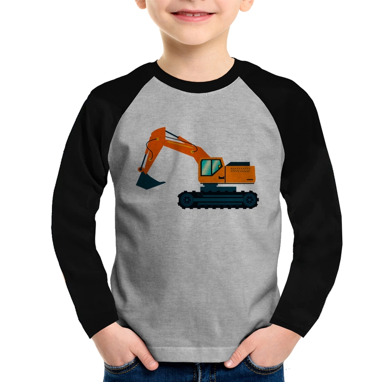 Camiseta Raglan Infantil Escavadeira Manga Longa - Cinza/Preto