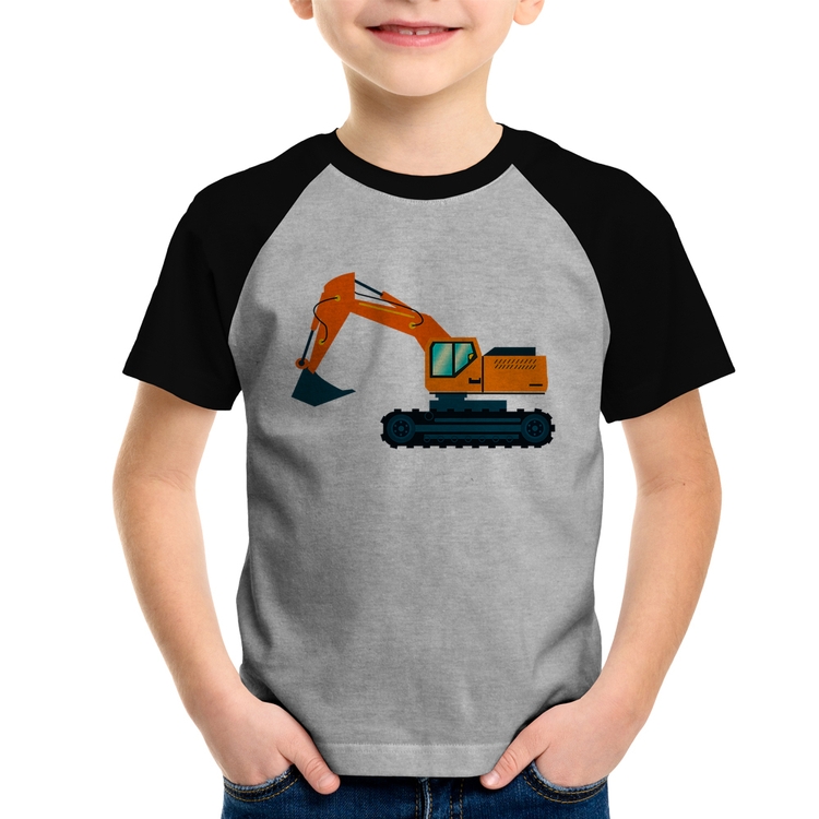 Camiseta Raglan Infantil Escavadeira - Cinza/Preto