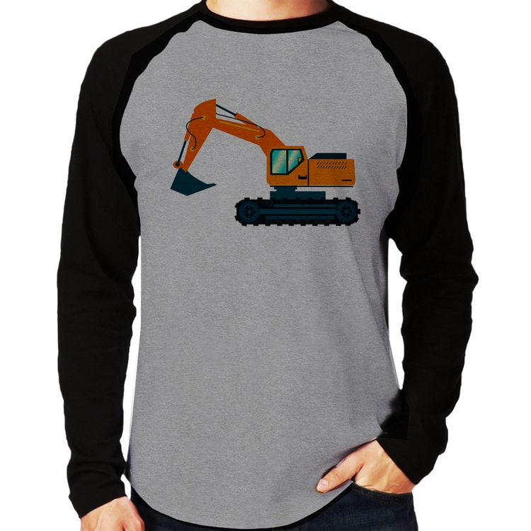 Camiseta Raglan Escavadeira Manga Longa - Cinza/Preto