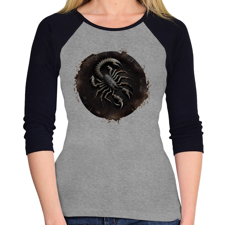 Baby Look Raglan Escorpião Sígno Manga 3/4 - Cinza/Preto