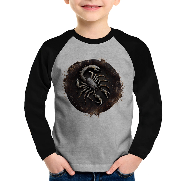 Camiseta Raglan Infantil Escorpião Sígno Manga Longa - Cinza/Preto