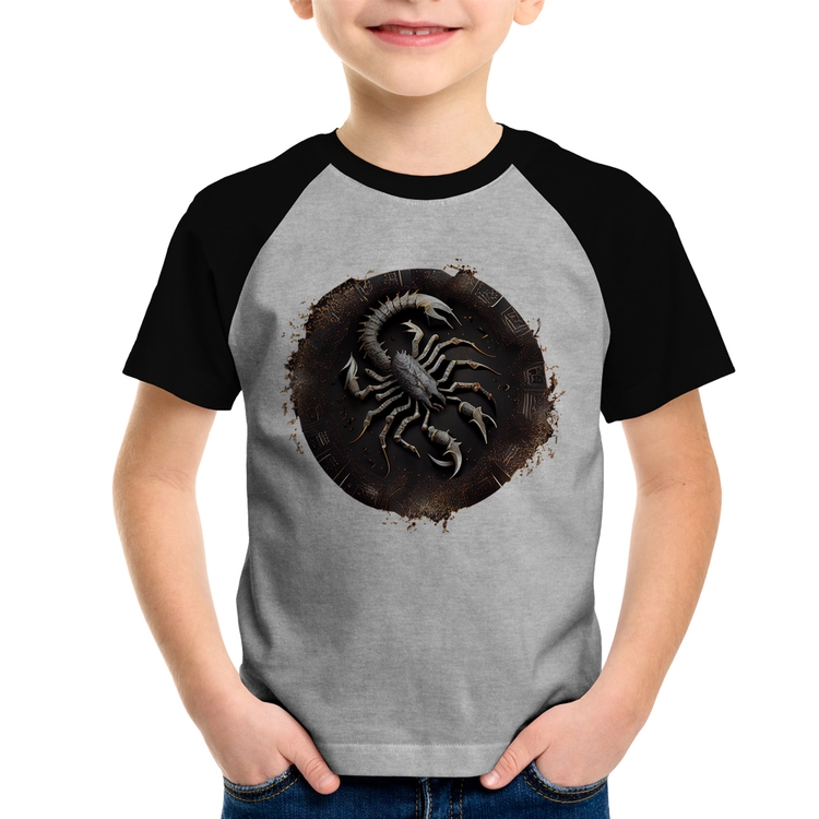 Camiseta Raglan Infantil Escorpião Sígno - Cinza/Preto