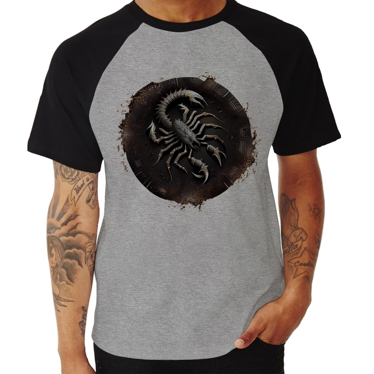 Camiseta Raglan Escorpião Sígno - Cinza/Preto