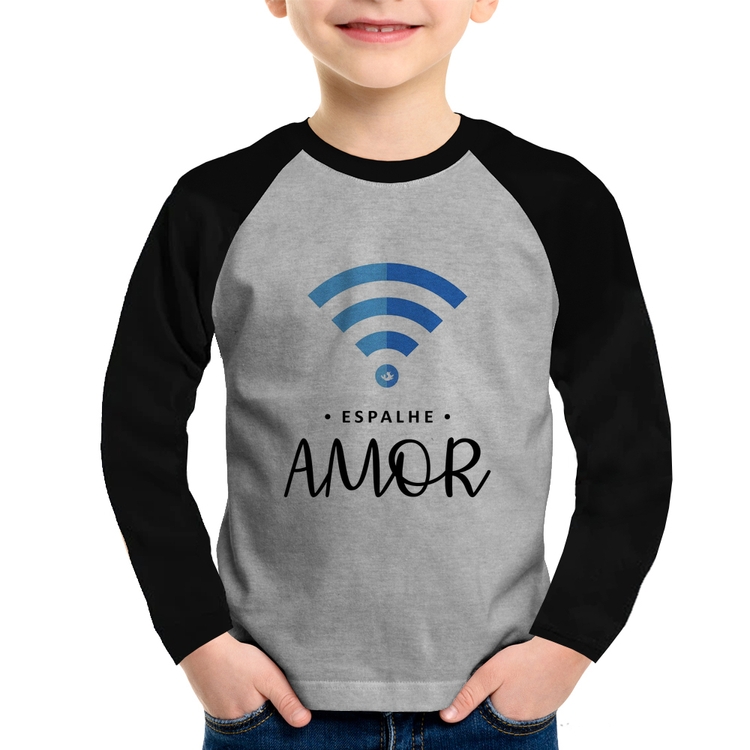 Camiseta Raglan Infantil Espalhe amor Manga Longa - Cinza/Preto