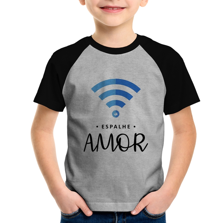 Camiseta Raglan Infantil Espalhe amor - Cinza/Preto