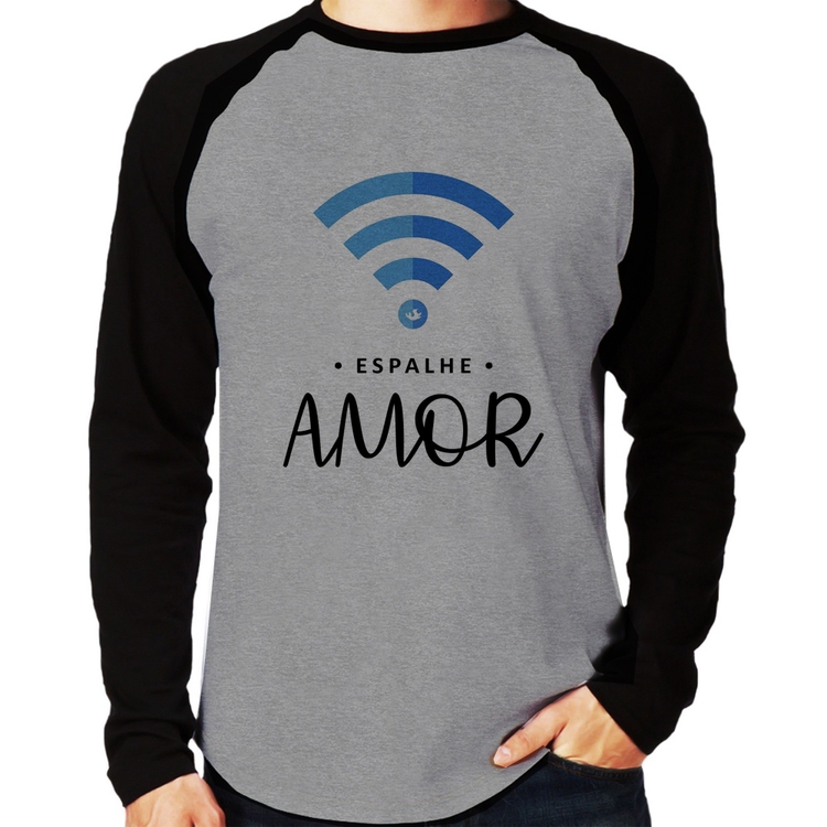 Camiseta Raglan Espalhe amor Manga Longa - Cinza/Preto