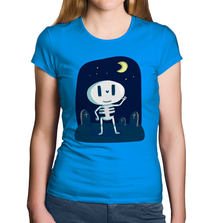 Baby Look Algodão Esqueleto - Azul