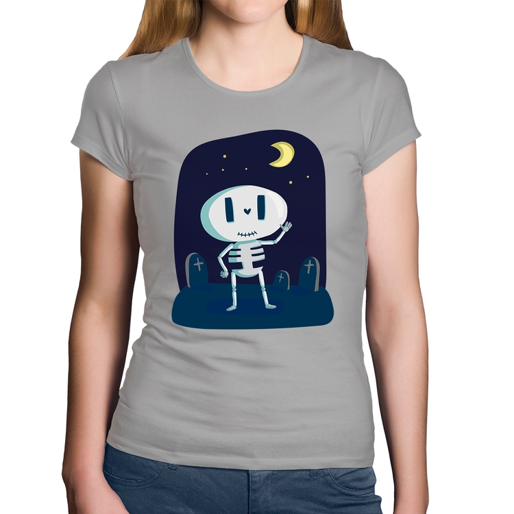 Baby Look Algodão Esqueleto - Cinza