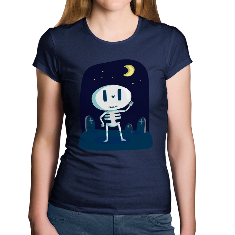 Baby Look Algodão Esqueleto - Marinho