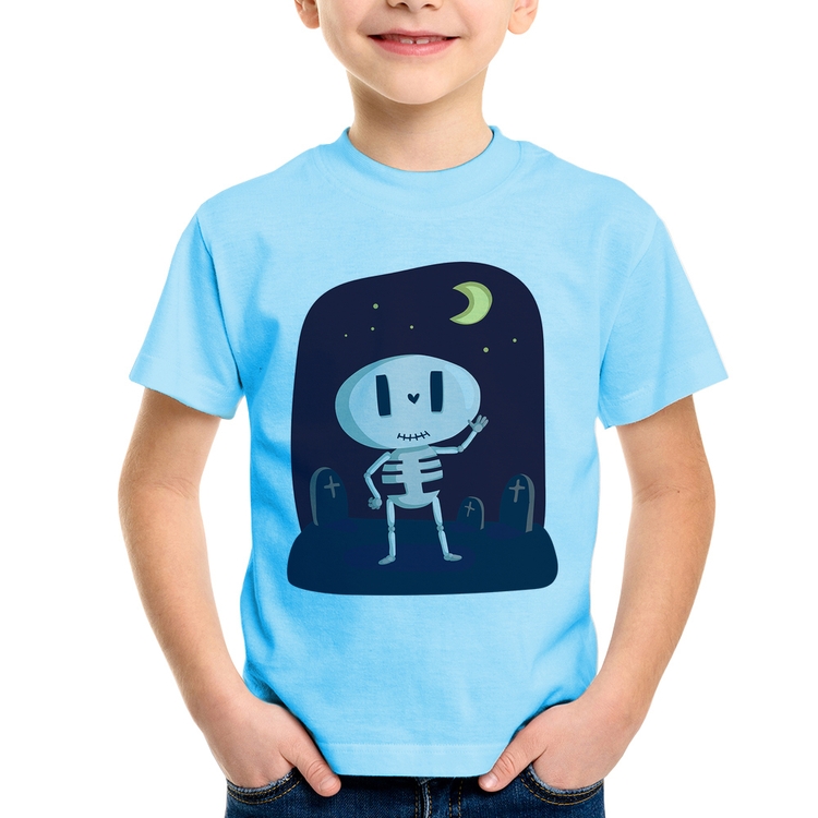 Camiseta Infantil Esqueleto - Azul Bebê
