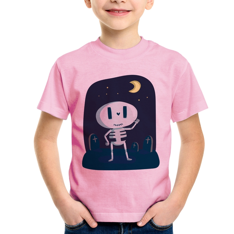 Camiseta Infantil Esqueleto - Rosa Bebê