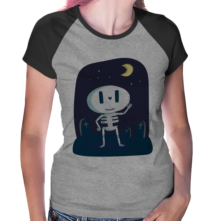 Baby Look Raglan Esqueleto - Cinza/Preto