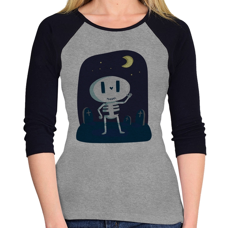 Baby Look Raglan Esqueleto Manga 3/4 - Cinza/Preto