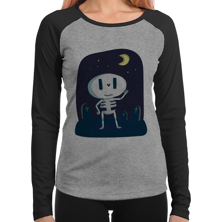 Baby Look Raglan Esqueleto Manga Longa - Cinza/Preto