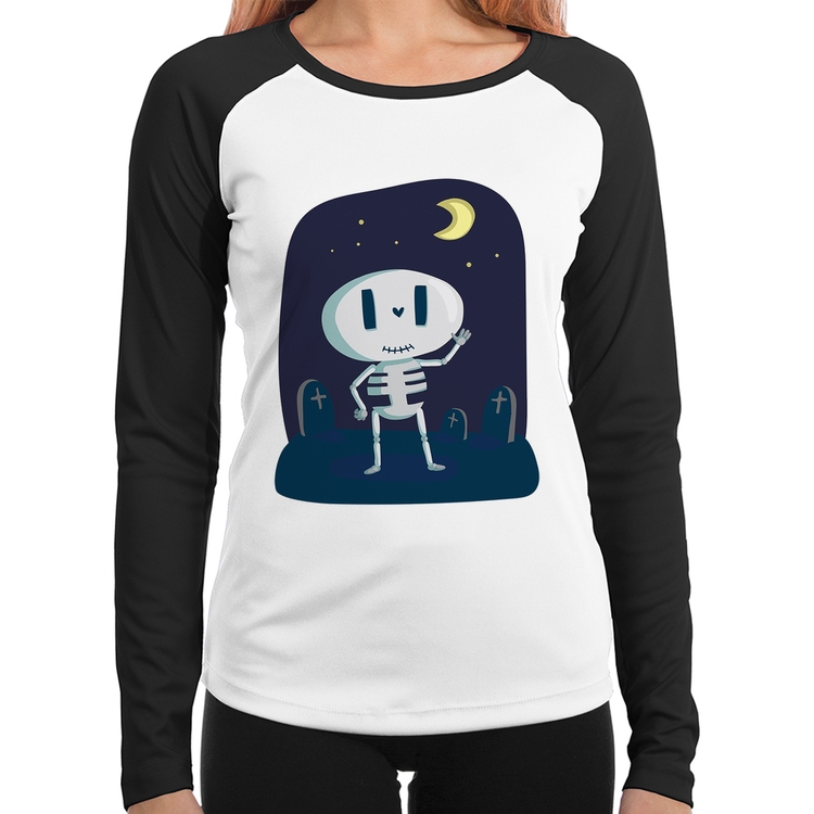 Baby Look Raglan Esqueleto Manga Longa