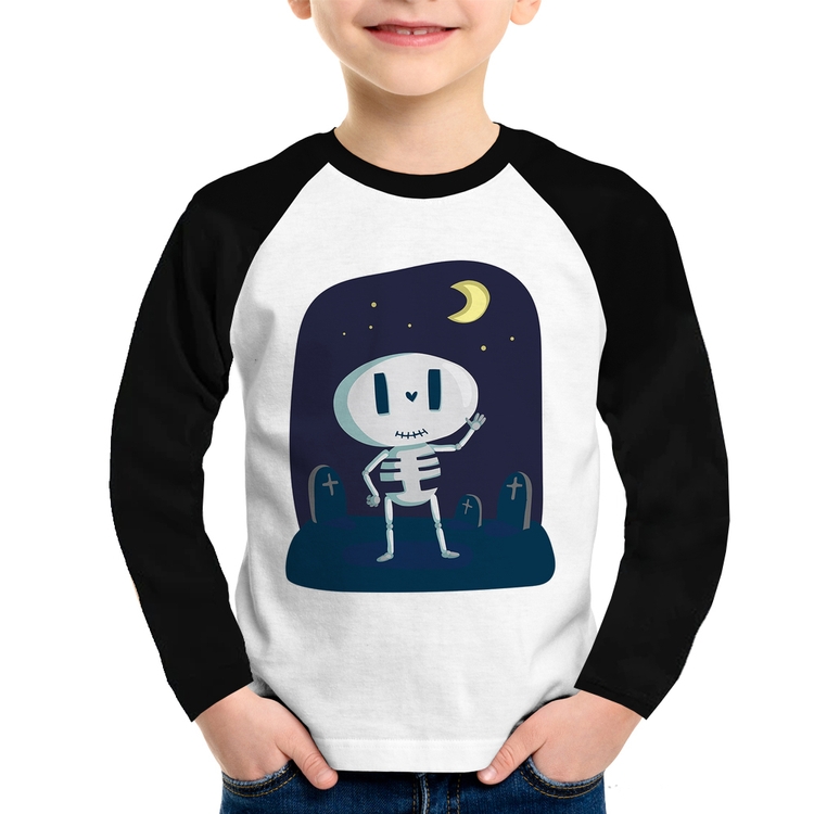 Camiseta Raglan Infantil Esqueleto Manga Longa