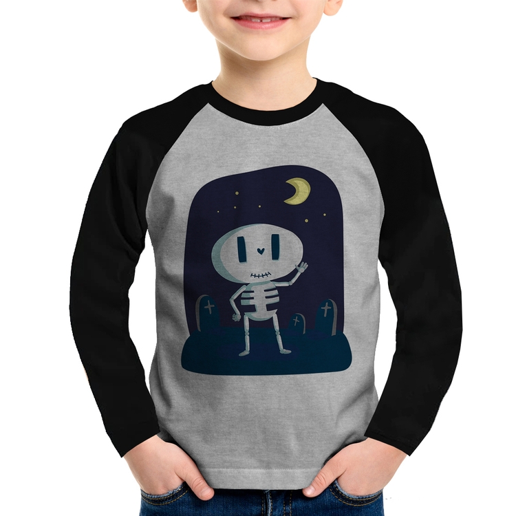 Camiseta Raglan Infantil Esqueleto Manga Longa - Cinza/Preto