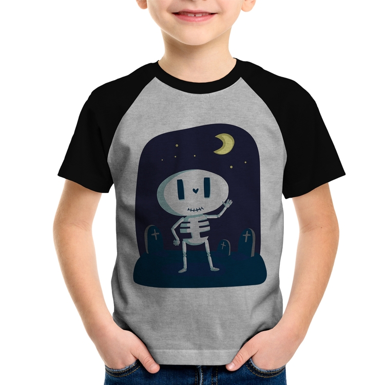 Camiseta Raglan Infantil Esqueleto - Cinza/Preto