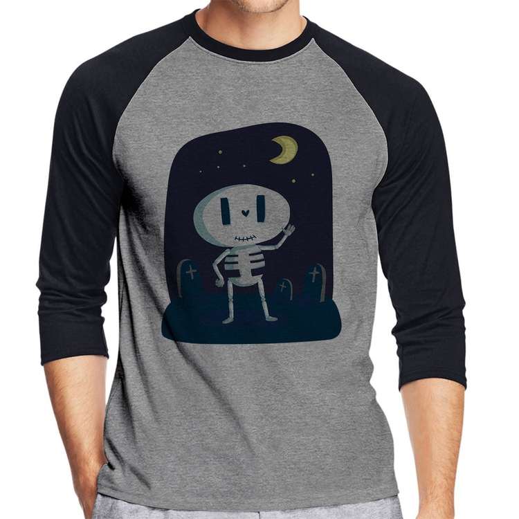 Camiseta Raglan Esqueleto Manga 3/4 - Cinza/Preto
