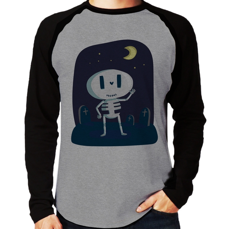 Camiseta Raglan Esqueleto Manga Longa - Cinza/Preto