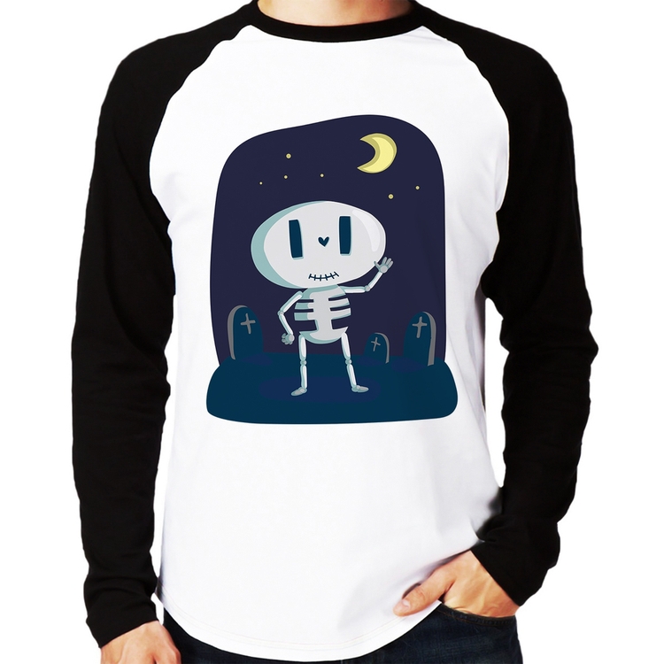 Camiseta Raglan Esqueleto Manga Longa