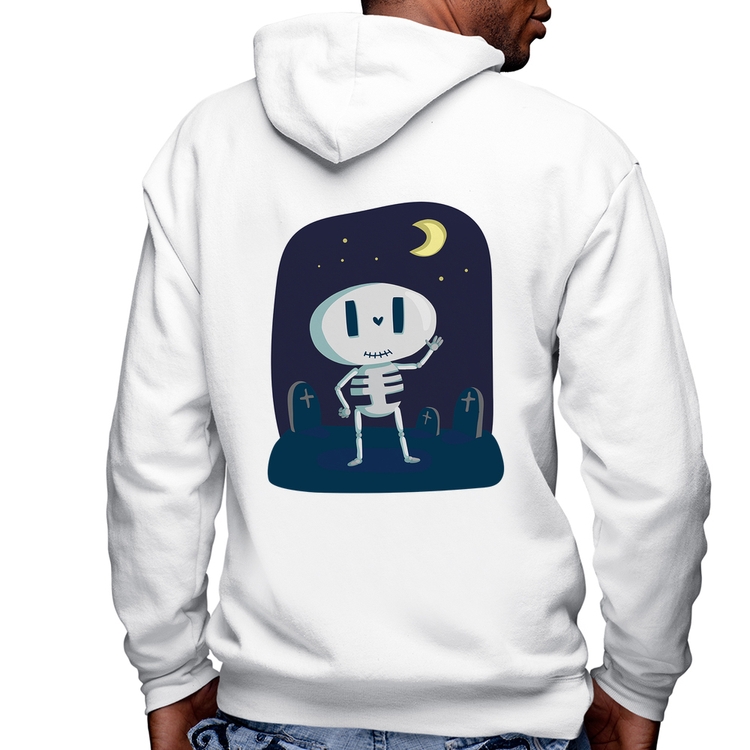 Blusa Moletom Esqueleto Masculina com Capuz e Zíper - Branca