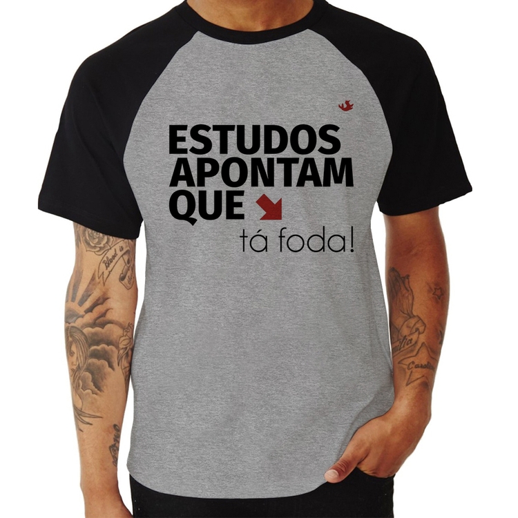 Camiseta Raglan Estudos apontam que: tá foda! - Cinza/Preto