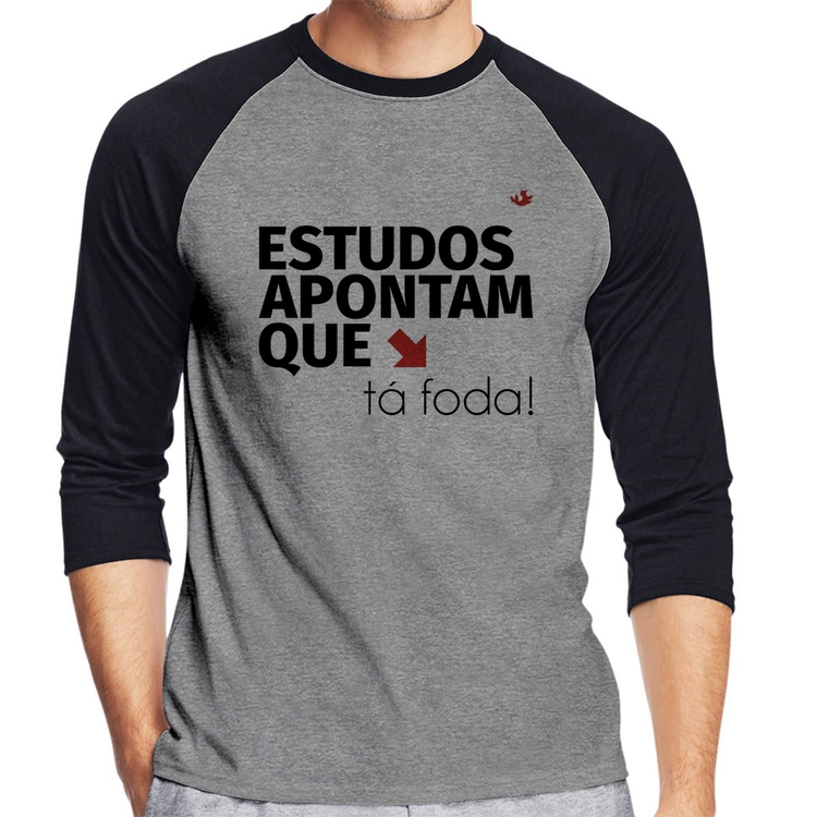 Camiseta Raglan Estudos apontam que: tá foda! Manga 3/4 - Cinza/Preto