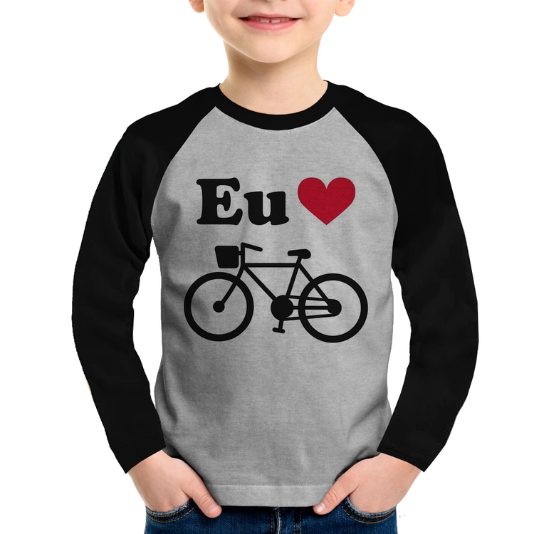 Camiseta Raglan Infantil Eu Amo Bicicleta Manga Longa - Cinza/Preto