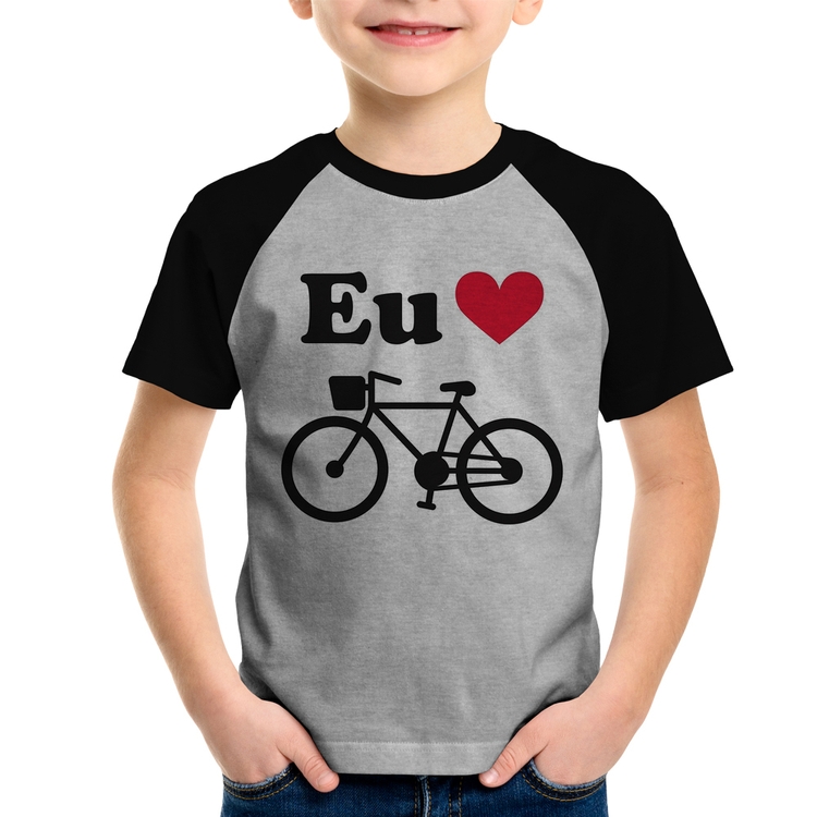 Camiseta Raglan Infantil Eu Amo Bicicleta - Cinza/Preto