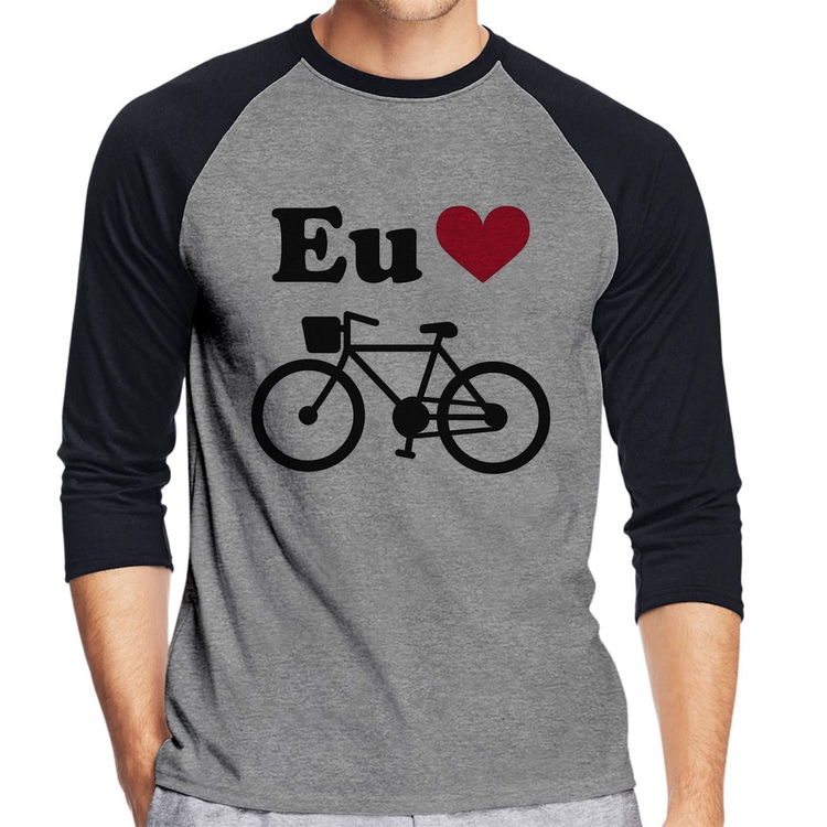 Camiseta Raglan Eu Amo Bicicleta Manga 3/4 - Cinza/Preto