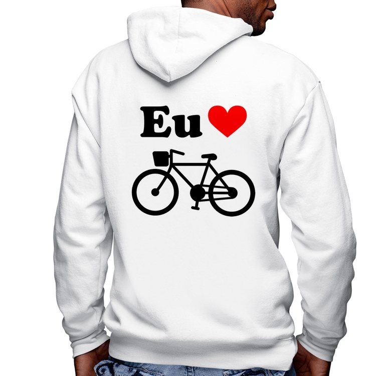 Blusa Moletom Eu Amo Bicicleta Masculina com Capuz e Zíper - Branca